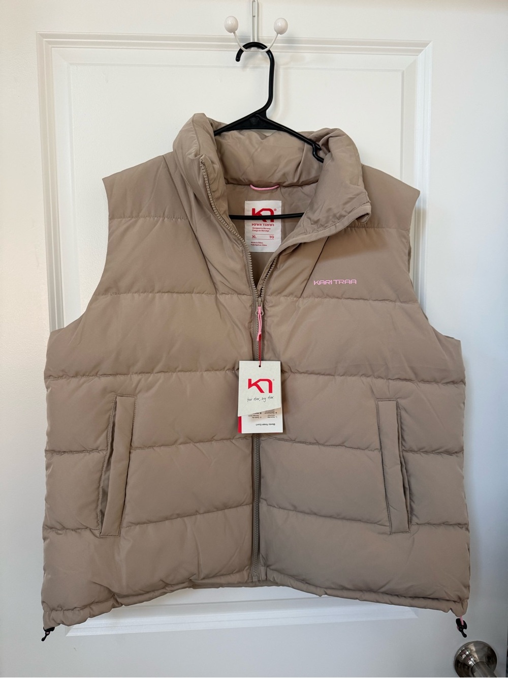 Kari Traa Taupe Puffer Vest with Pink Logo Detail